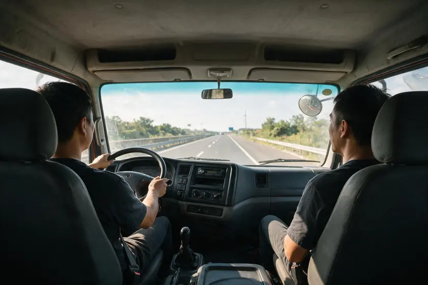 Dos conductores profesionales en la cabina de un camión