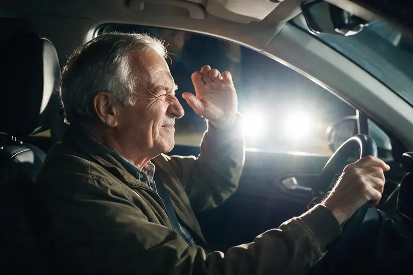 Conductor de edad avanzada deslumbrado de noche por unas luces de frente