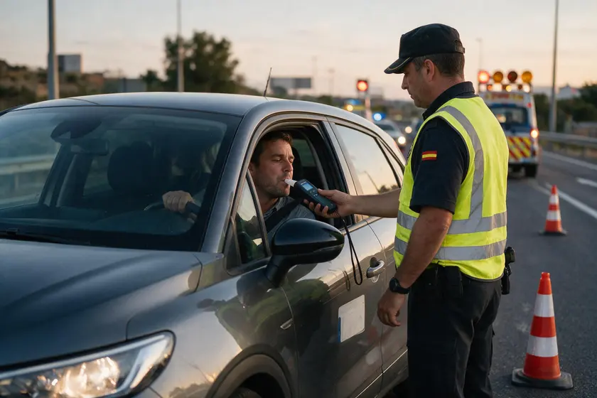 Conductor soplando en un etilómetro durante un control de tráfico