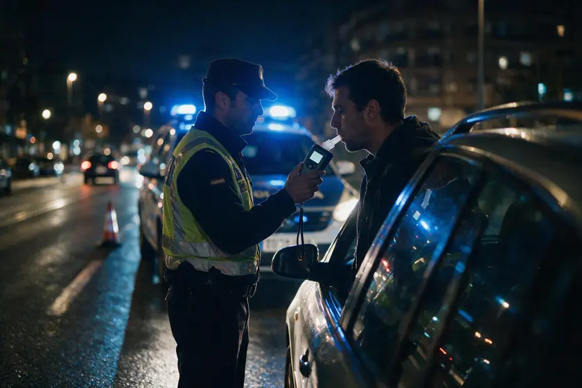 Control de alcoholemia de noche: un agente sostiene el etilómetro mientras un conductor sopla en la boquilla