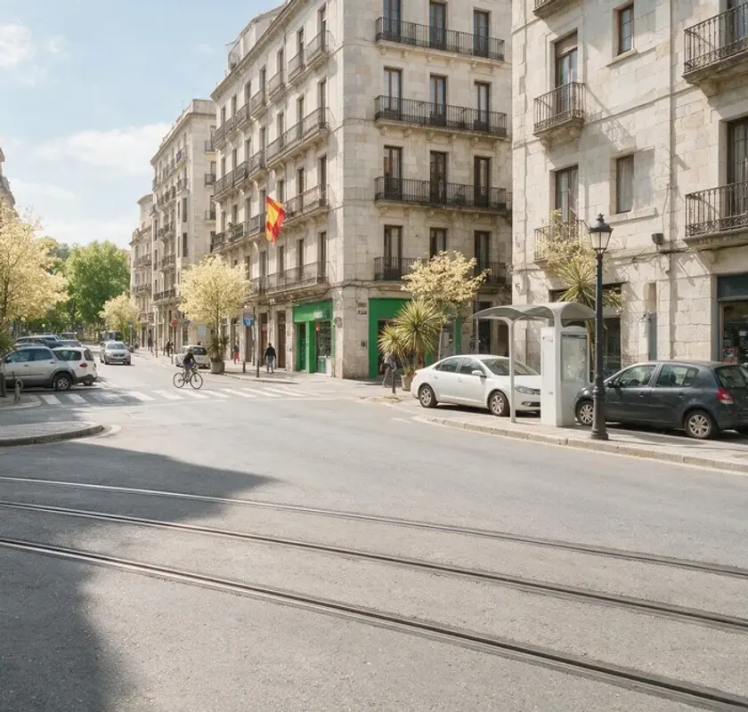 Cruce urbano con las vías del tranvía atravesando la calzada