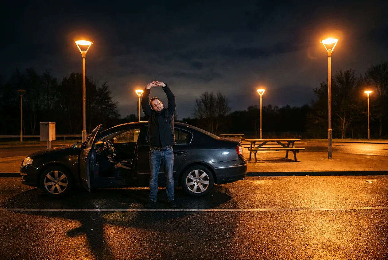Coche detenido de noche en un área de descanso iluminada por farolas anaranjadas, con la puerta abierta y un hombre de pie junto al vehículo estirando los brazos