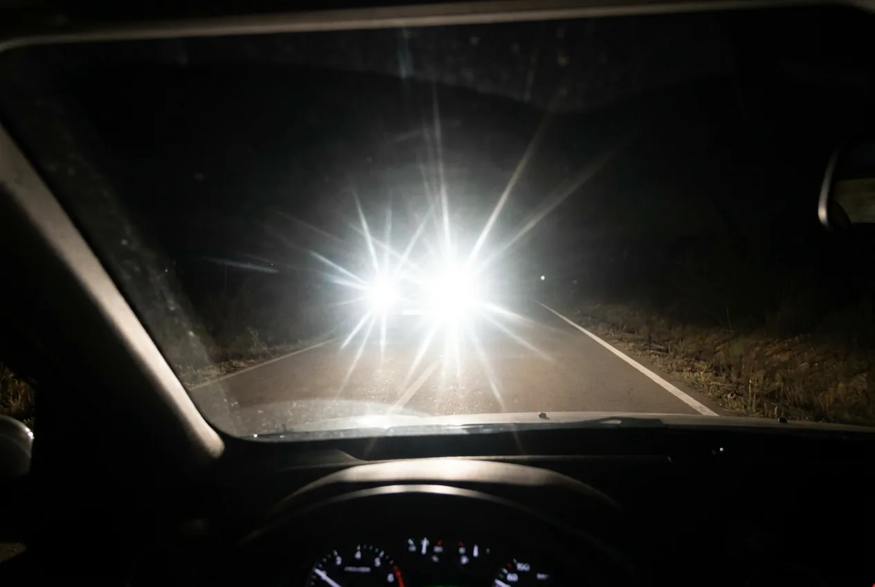 Vista nocturna desde el puesto de conducción: los faros de un vehículo que viene de frente forman una estrella de luz blanca que tapa la carretera, y solo se distingue la línea blanca del borde derecho