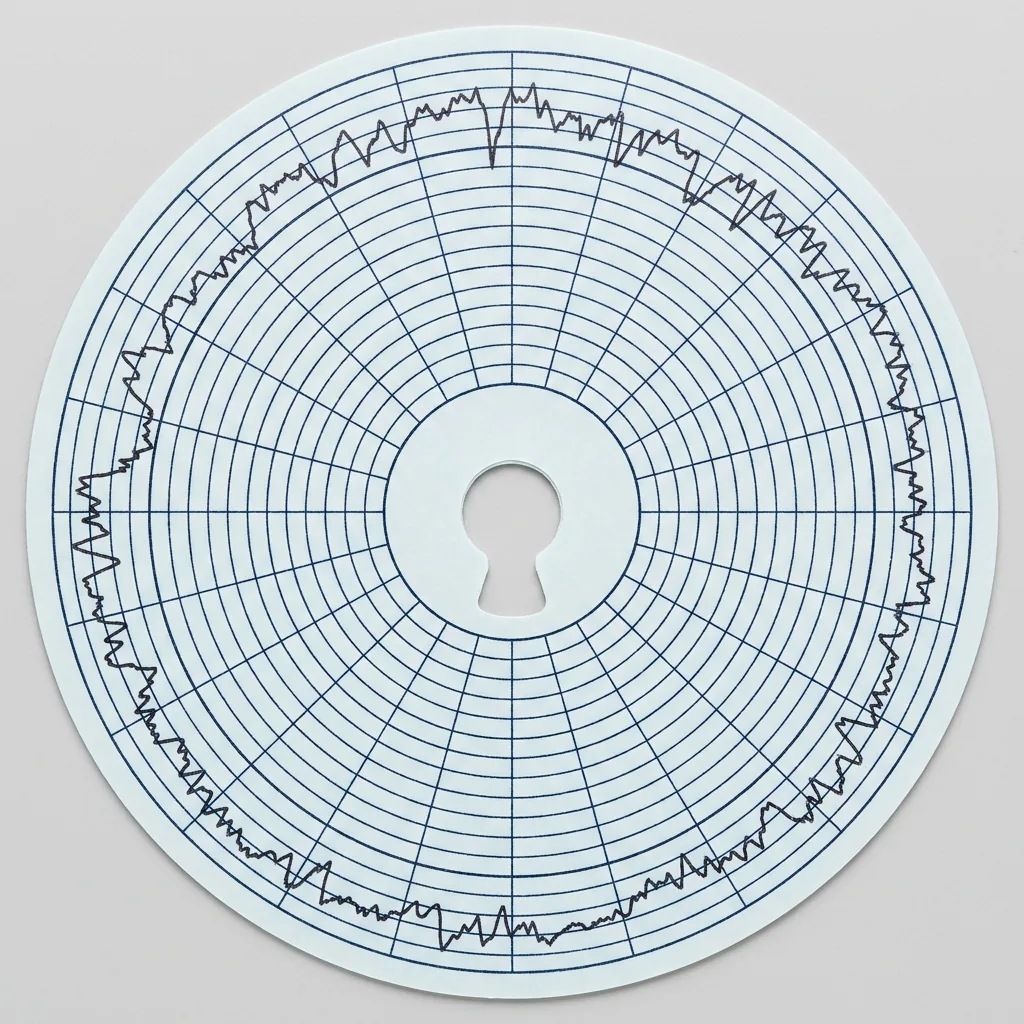 Disco de papel circular del tacógrafo visto de frente, con sus anillos concéntricos impresos, la rejilla radial, el orificio central en forma de ojo de cerradura y un trazado dentado en la banda exterior