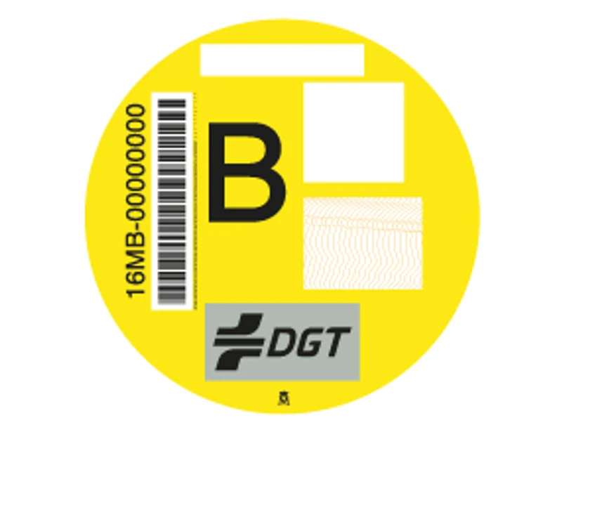 Diseño oficial exacto del distintivo ambiental B de la DGT: círculo amarillo con la letra B, código de barras y panel DGT