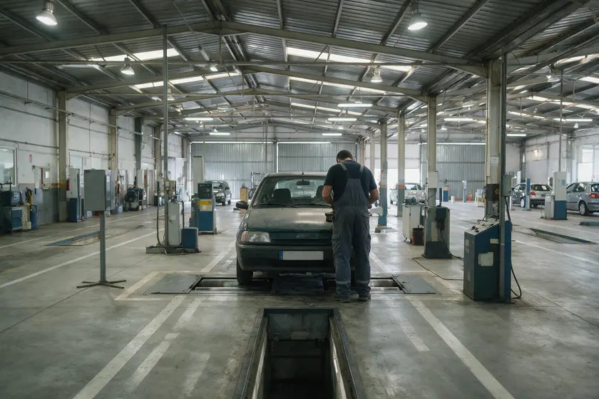 Interior de una estación de ITV, con un vehículo sobre la línea de inspección y un técnico revisándolo