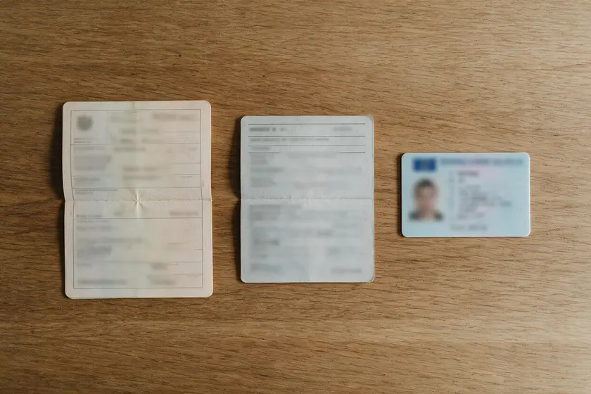 Documentación sobre una mesa: permiso de circulación, ficha técnica y permiso de conducir en formato tarjeta