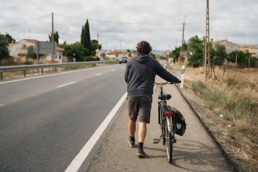 Persona empujando una bicicleta a pie por el arcén derecho