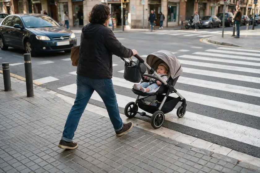 Persona cruzando por el paso de peatones empujando un carrito de bebé