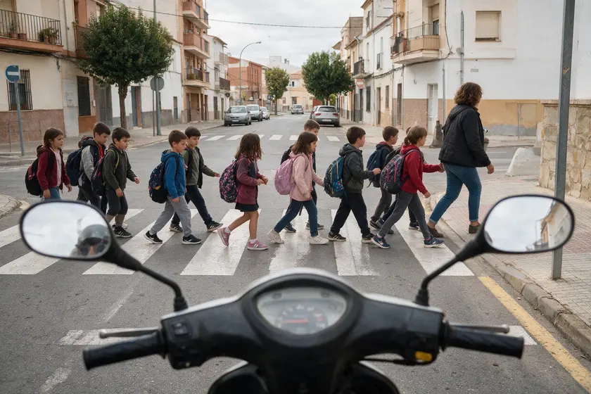 Fila de escolares cruzando la calzada por delante de un ciclomotor detenido