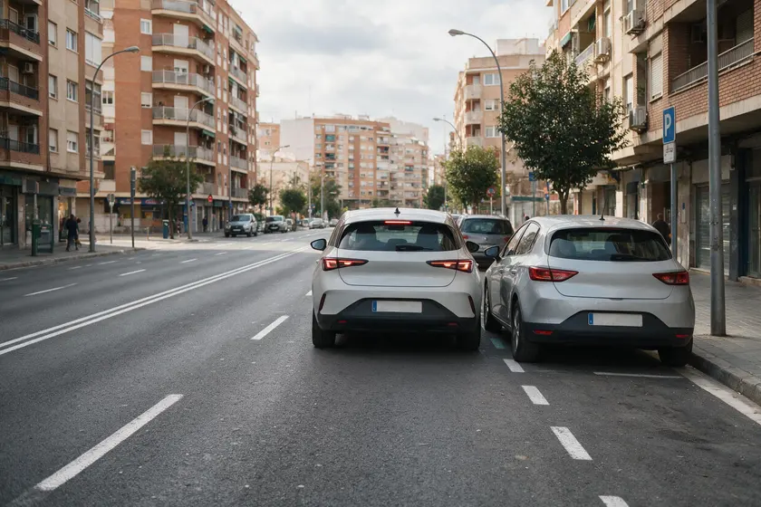 Coche detenido en doble fila junto a otro correctamente estacionado, bloqueando el carril