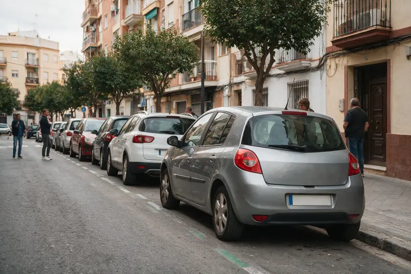 Fila de coches estacionados en cordón, paralelos al bordillo de una calle