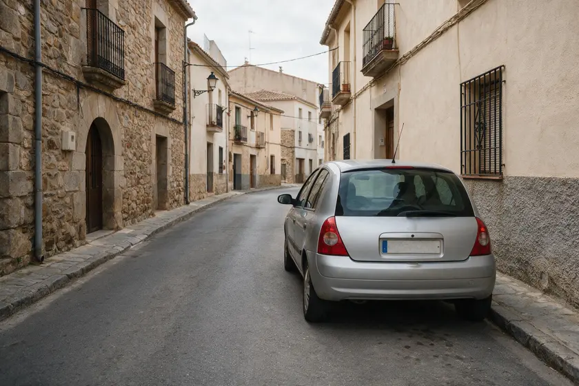 Coche estacionado en una calle estrecha dejando muy poco espacio hasta el bordillo de enfrente