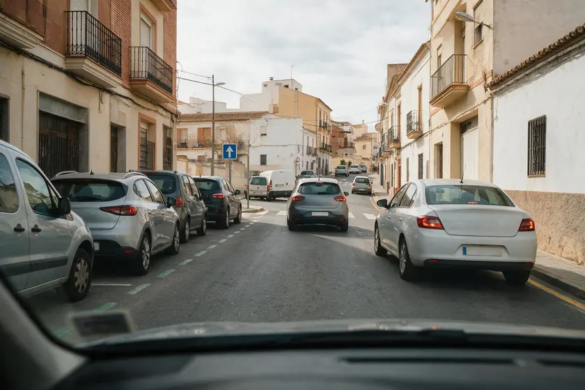 Coches estacionados en el lado izquierdo de una calle de sentido único