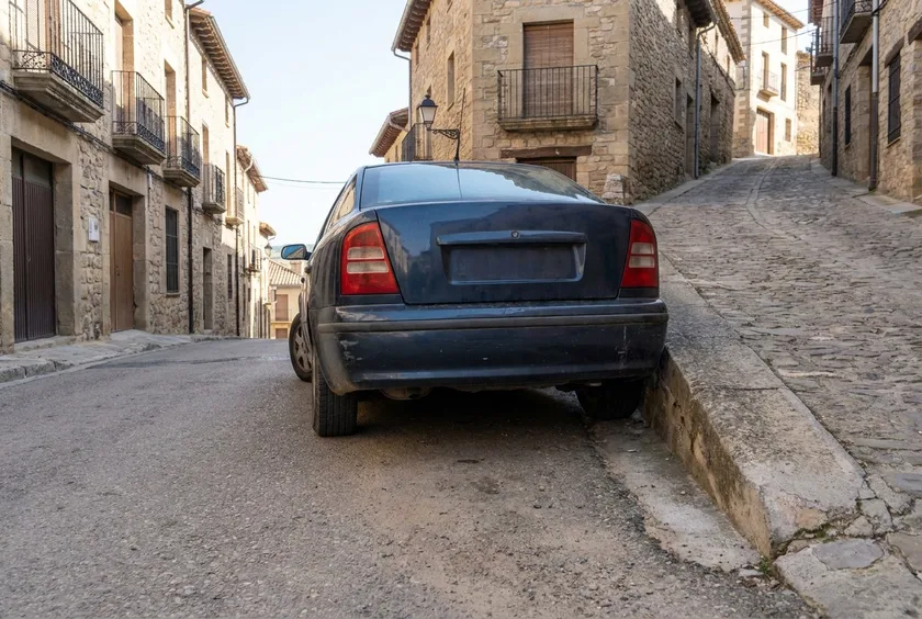 Coche estacionado en una calle en pendiente de un pueblo, con la rueda delantera girada hacia el bordillo