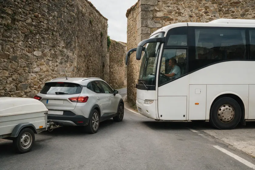 Turismo con remolque y autobús frente a frente en un estrechamiento sin señalizar