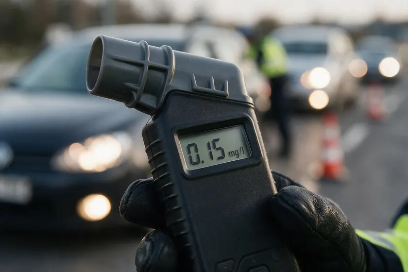 Etilómetro sostenido por un agente en un control de carretera, mostrando una lectura de 0,15 mg/l