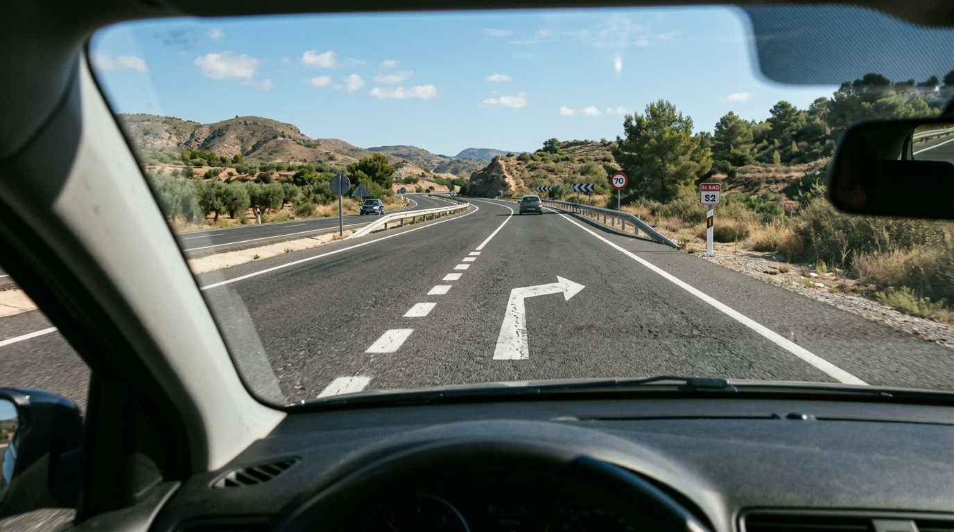 Flecha en el eje de una calzada de doble sentido apuntando hacia la derecha