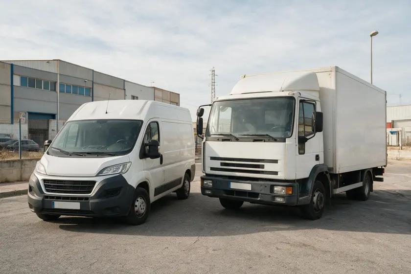 Un furgón con la cabina integrada en la carrocería junto a un camión con la cabina separada de la caja