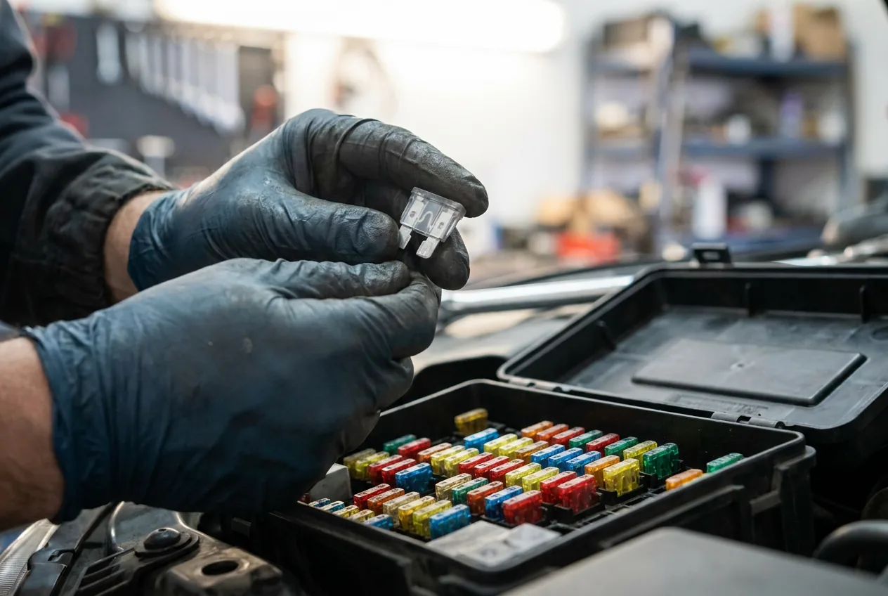 Manos con guantes sosteniendo un fusible de coche transparente con su filamento visible, sobre una caja de fusibles abierta llena de fusibles de colores