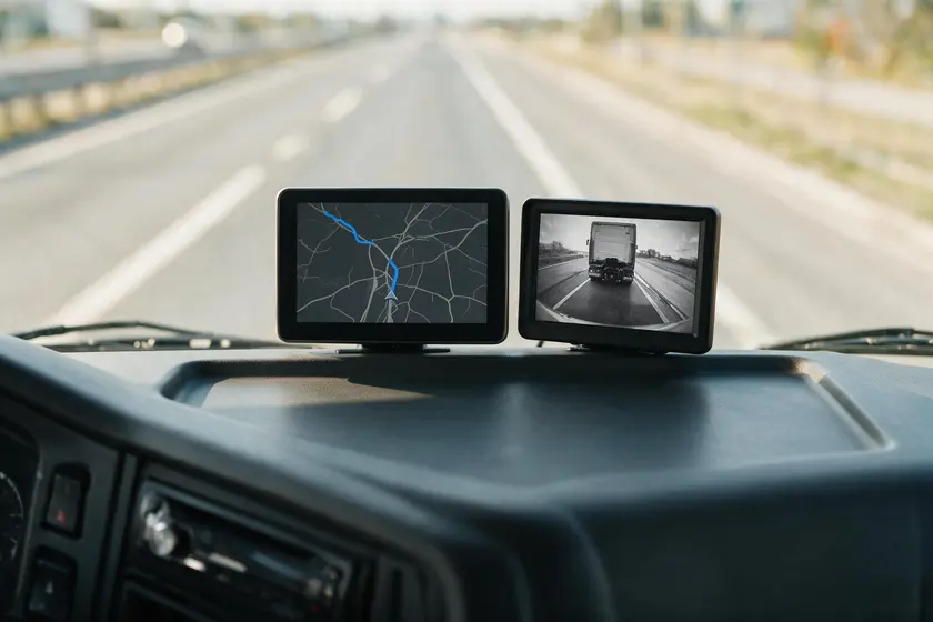 Navegador GPS y pantalla de cámara de maniobras en el salpicadero de un camión