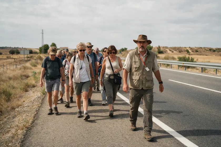 Grupo de peatones dirigido por una persona caminando por el arcén
