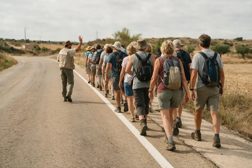 Grupo de peatones dirigido por una persona caminando por la derecha de la calzada