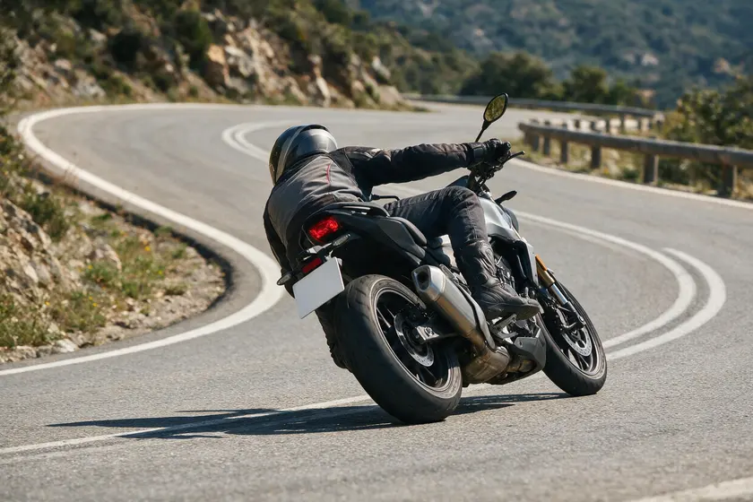Moto muy inclinada al tomar una curva cerrada