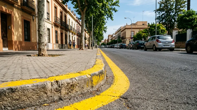 Línea continua amarilla pintada en el bordillo