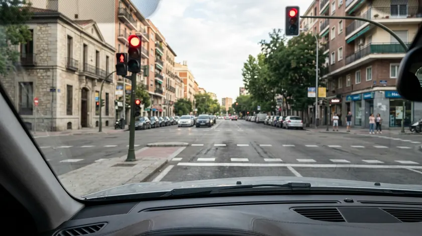 Semáforo en rojo con línea de detención pintada antes del cruce