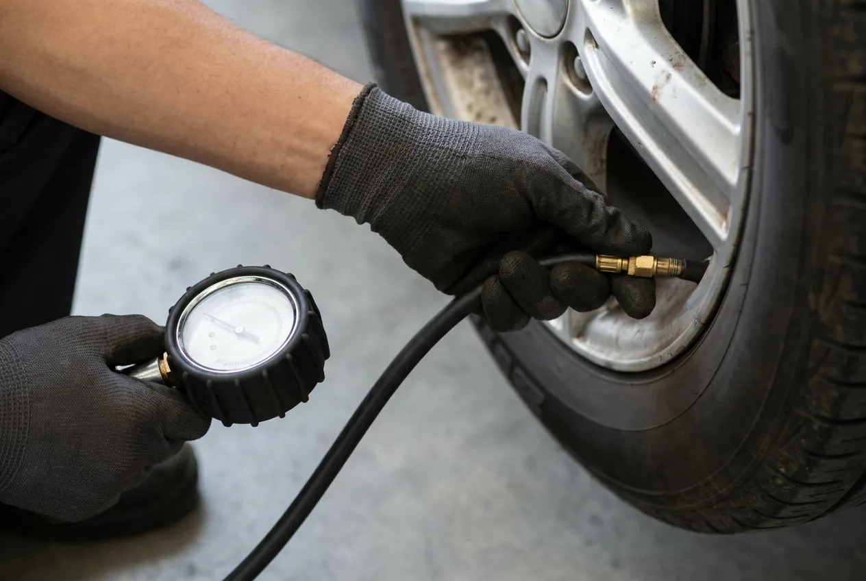 Dos manos comprobando la presión de un neumático: una sostiene un manómetro analógico de esfera y la otra aprieta el conector de latón sobre la válvula de una rueda con llanta de aleación