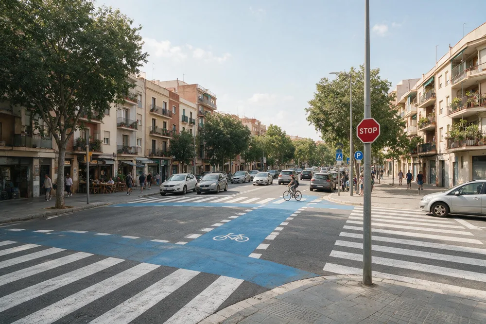 Cruce urbano con un carril bici pintado en azul que atraviesa la calzada, con un ciclista circulando por él
