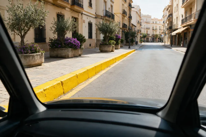 Bordillo pintado de amarillo continuo junto al borde de la calzada, indicando prohibición de parada y estacionamiento