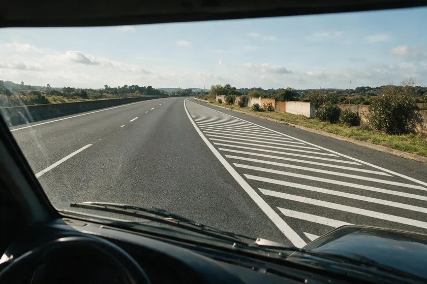 Zona rayada (cebreado) próxima a una salida de autopista