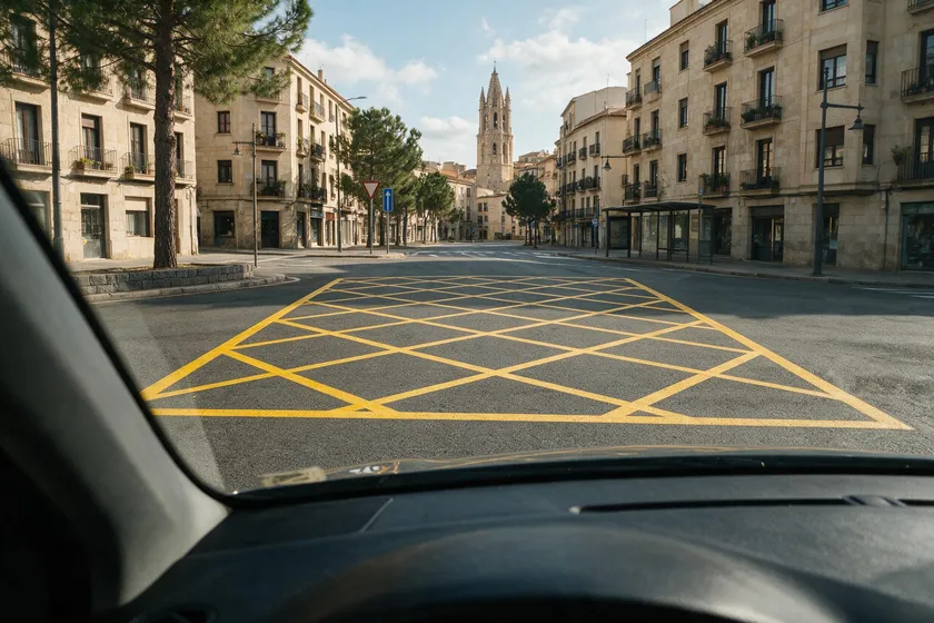 Cuadrícula de líneas amarillas entrecruzadas pintada antes de un cruce urbano