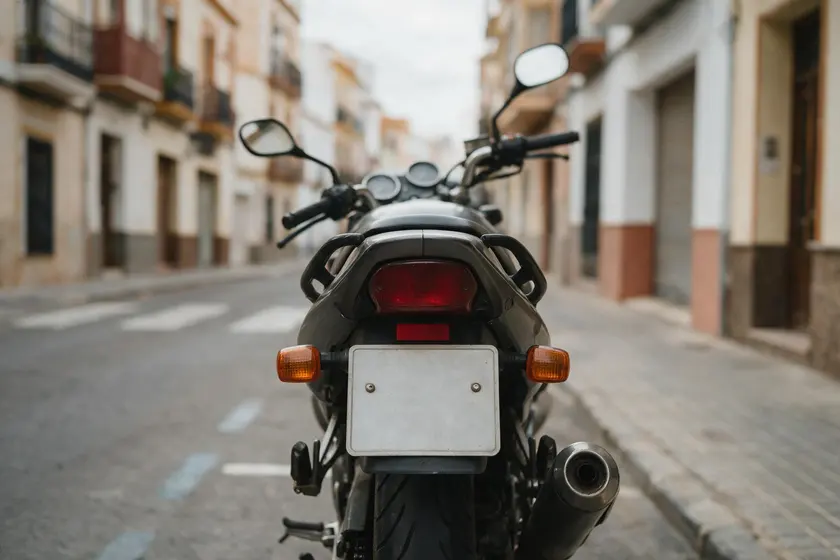 Parte trasera de una motocicleta con su única placa de matrícula