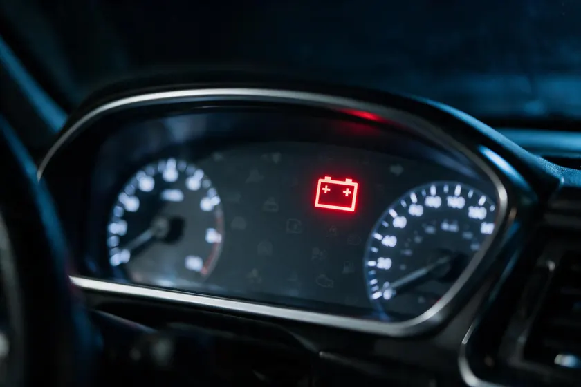 Cuadro de instrumentos de un coche de noche con el testigo del circuito de carga (batería) encendido en rojo