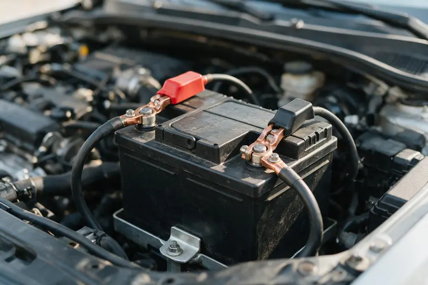 Batería de un turismo en el vano motor, con los bornes positivo y negativo y los cables conectados