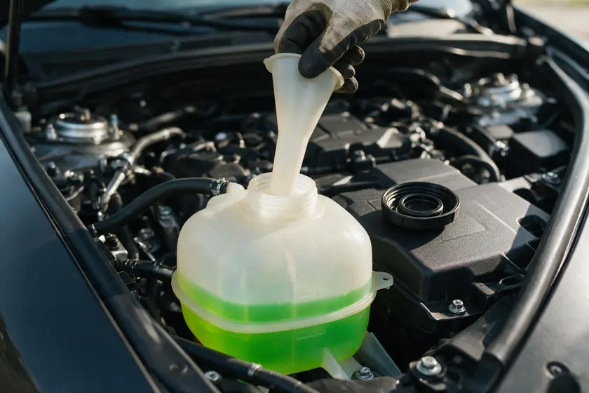 Depósito de líquido refrigerante en el vano motor, con el nivel entre las marcas de mínimo y máximo