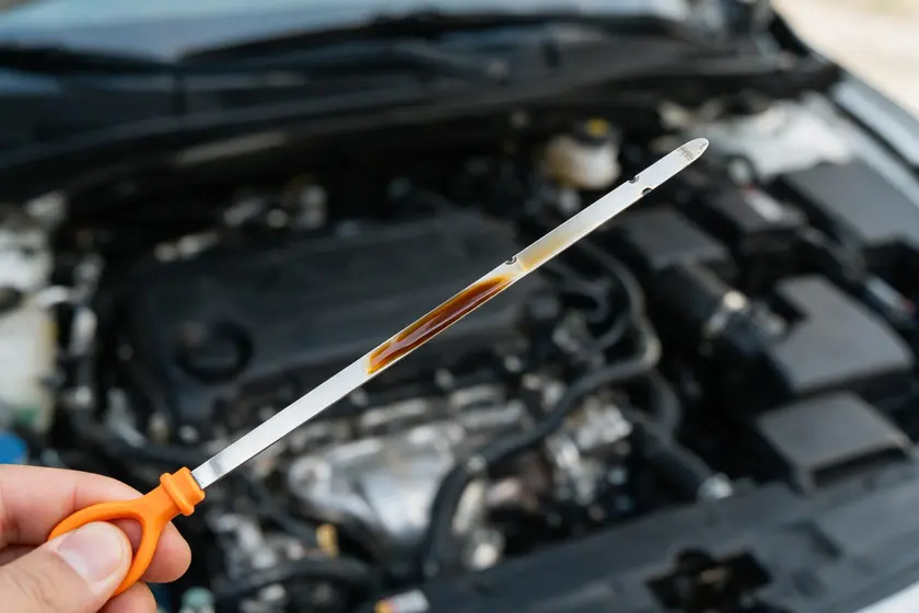 Mano sosteniendo la varilla del aceite del motor, con el nivel marcado entre las dos señales, delante del vano motor abierto