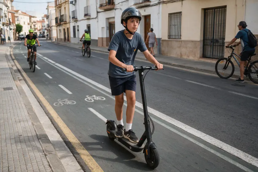 Adolescente circulando con patinete eléctrico por un carril bici