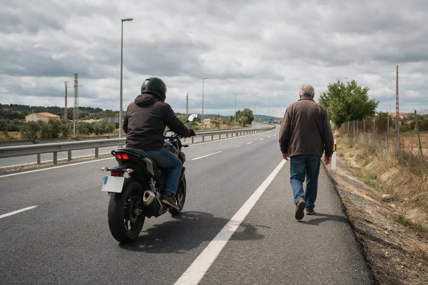 Motorista adelantando a un peatón que camina por el arcén, dejando una separación lateral amplia