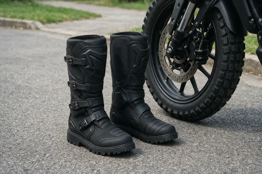 Botas de moto altas, con tacón marcado y sujeción de tobillo, junto a una motocicleta