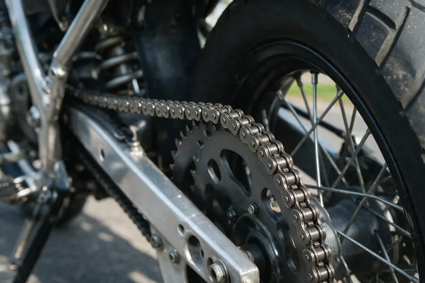 Cadena de transmisión de una motocicleta correctamente tensada y engrasada