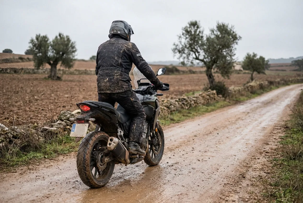 Motorista con equipación completa, visto desde atrás, circulando erguido y sin inclinar la moto por una carretera cubierta de barro marrón