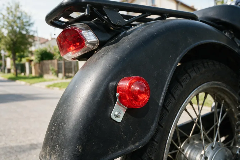 Catadióptrico rojo en la parte trasera de una motocicleta