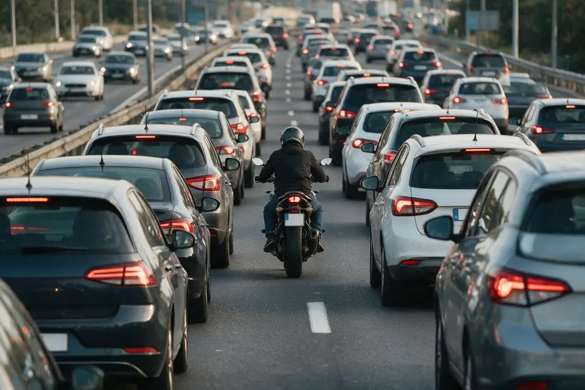 Motorista circulando entre dos carriles de tráfico detenido en ciudad