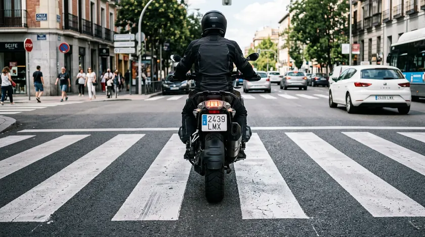 Motocicleta cruzando en línea recta y vertical un paso de peatones pintado en el asfalto