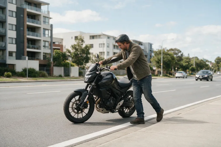 Motorista empujando a pie una motocicleta moderna averiada por el borde de la vía