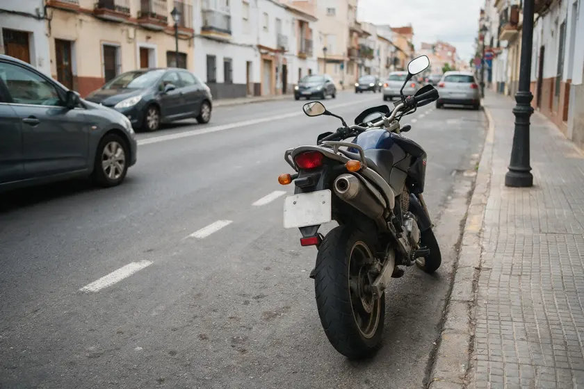 Motocicleta estacionada junto al bordillo derecho en una calle de doble sentido